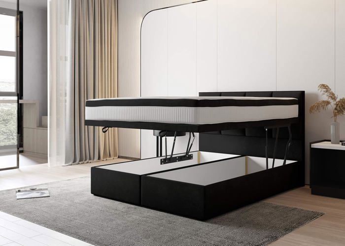 Lit adulte 140x200 cm TROPEA - avec rangement et matelas ressorts ensachés - tissu velours - noir