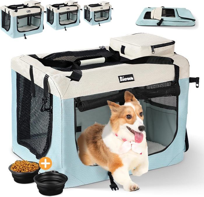 Meilleurs prix pour Dripex Sac de Transport Chat Chien - Boîte de Transport Pliable avec Gamelle pour Voiture - 70x52x52cm - Bleu