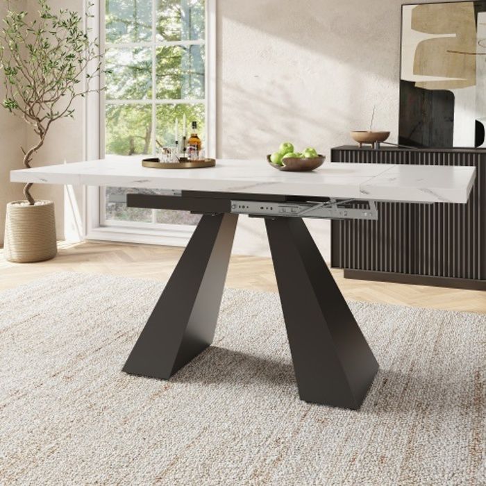 Table à manger - KODISE - Extensible - 99-159×74×77 cm - Plateau marbre blanc - Pieds colonne noirs