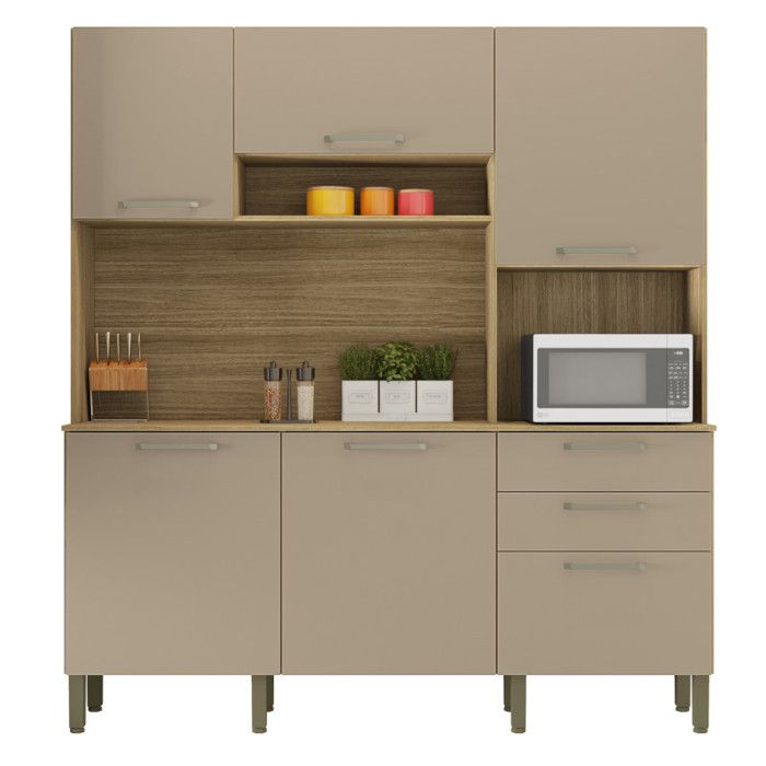 Buffet de cuisine 6 portes 2 tiroirs FERRARA imitation chêne & taupe L180.2 x P38.8 x H198 cm Buffet de cuisine 6 portes 2 tiroirs FERRARA imitation chêne & taupe L180.2 x P38.8 x H198 cm