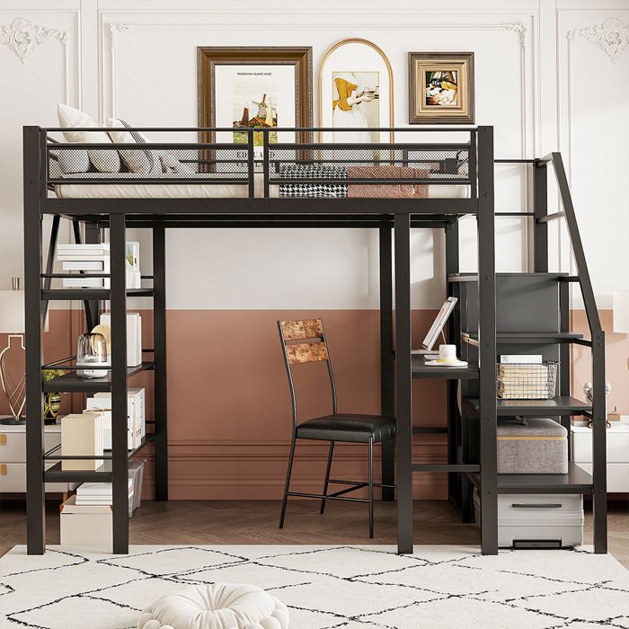 Lit mezzanine-140x200cm-avec étagère de rangement  bureau armoire lit en fer lit simplenoir