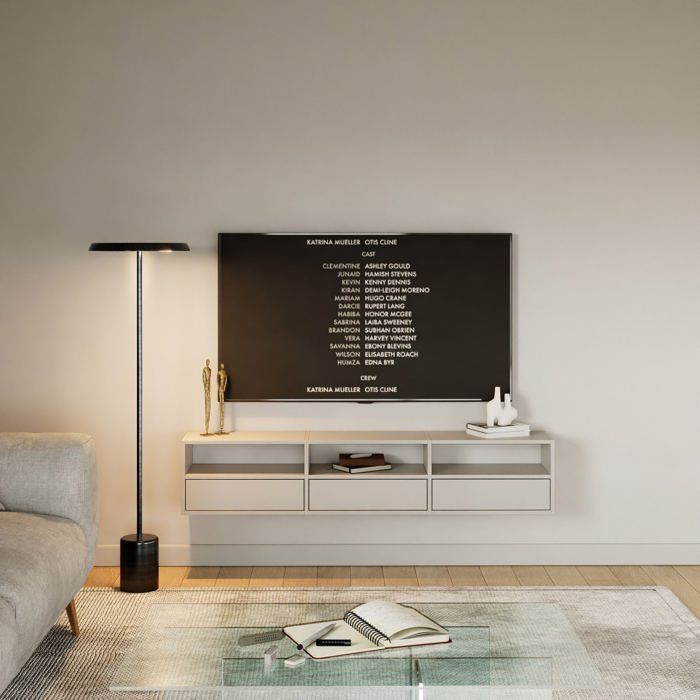 Meuble TV avec 3 abattants et étagères – FRAMME – gris cachemire – 150 cm