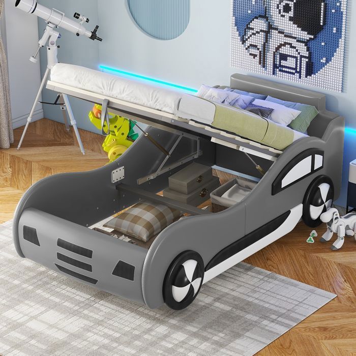 Lit Enfant - MERAX - Lit Voiture 90x200 cm - Coffre de Rangement - Sommier Inclus - Design Sport Gris Lit Enfant - MERAX - Lit Voiture 90x200 cm - Coffre de Rangement - Sommier Inclus - Design Sport Gris
