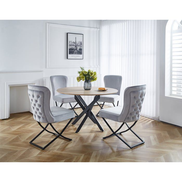Lot 4 Chaises Salle à Manger Gabrielle Velours Gris Capitonné Pieds Métal Noir