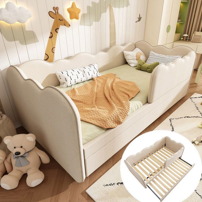 Lit rembourré 2 places - 90x190cm - Lin Beige - Lit gigogne