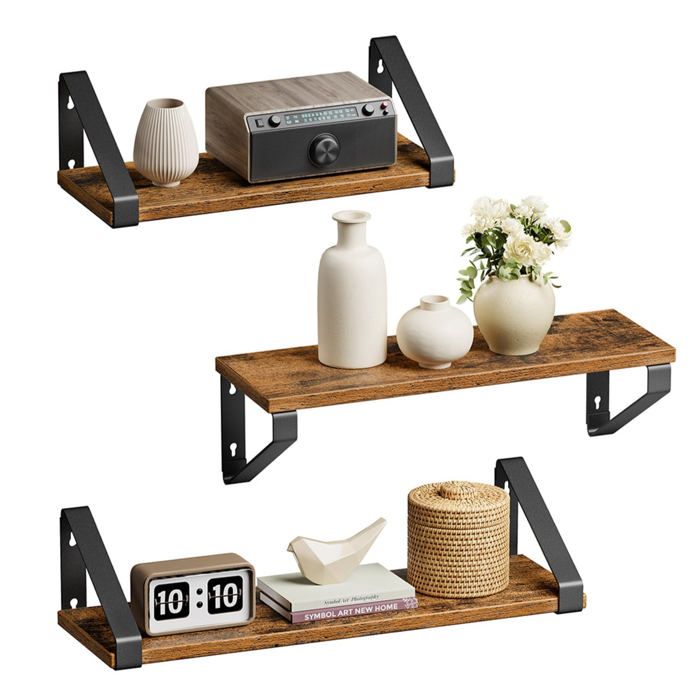 Étagère murale flottante - HELLOSHOP26 - 3 niveaux - Bois composite - Fer - Marron rustique