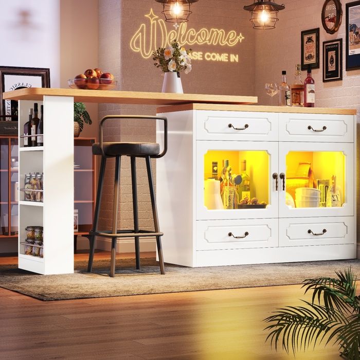 Buffet de Cuisine LED extensibleArmoire de Cuisine Contemporain pivotante à 360°2 Portes 4 troirs135-203x39x92.8cmBlanc