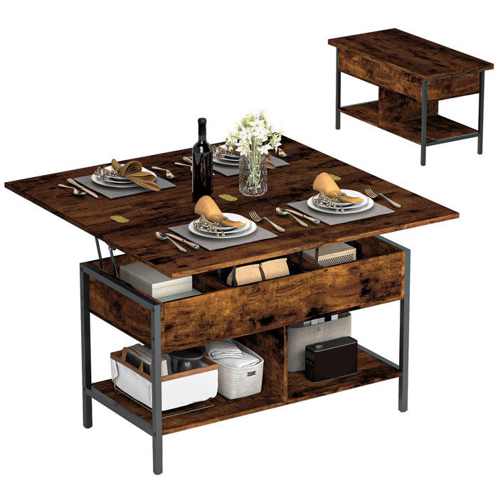 Table basse relevable - HOMCOM - plateau pliant compartiment et étagères - panneau de particule - 98x49x55cm - brun rustique Table basse relevable - HOMCOM - plateau pliant compartiment et étagères - panneau de particule - 98x49x55cm - brun rustique