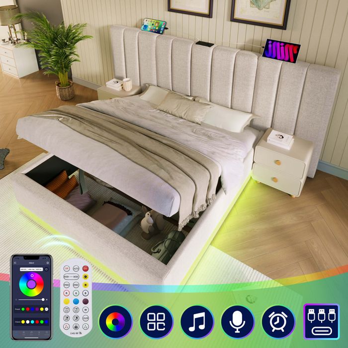 Lit coffre rembourré 180x200 cm beige avec LED ports USB-C/USB sommier à lattes 2 places (sans matelas)