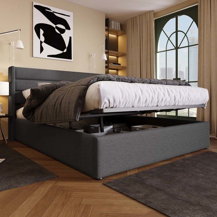 Lit coffre - Lit double 160x200 - Sommier à lattes relevable - Tissu lin gris - Structure bois et métal