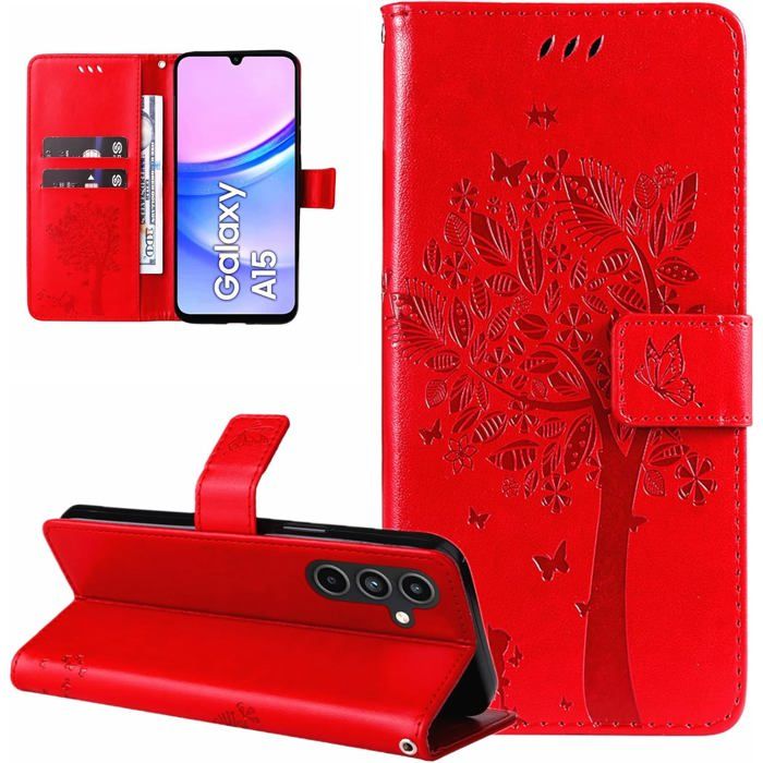 Coque pour Samsung Galaxy A15 5G/4G Etui Coque Portefeuille Cuir avec Motif Porte Carte à Rabat Magnétique Clapet Housse -Rouge