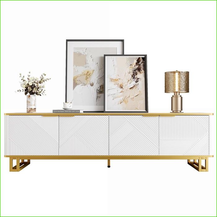 Meuble TV &amp  Divertissement - Design Géométrique 3D - Blanc &amp  Or - 160x375x48 cm