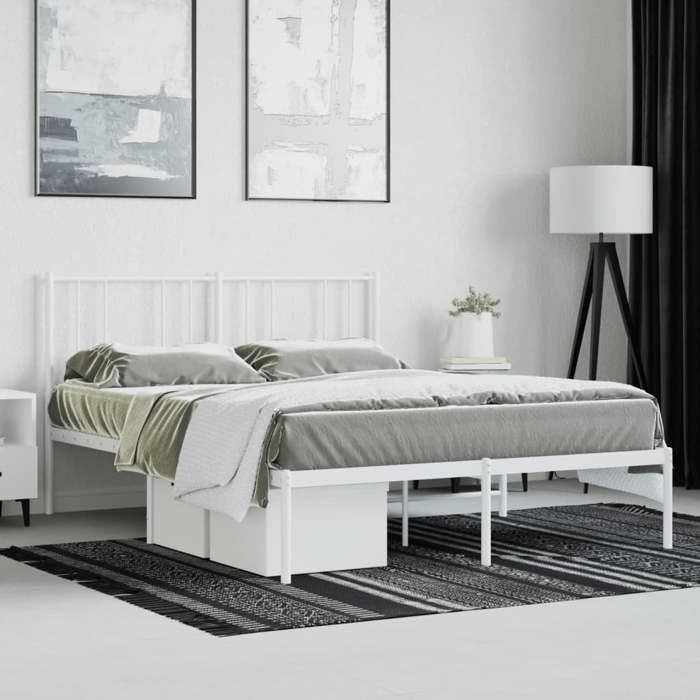 Cadre de lit double en métal - MEUBLECHIC - 140x190 cm - Blanc - Acier robuste - Tête de lit incluse