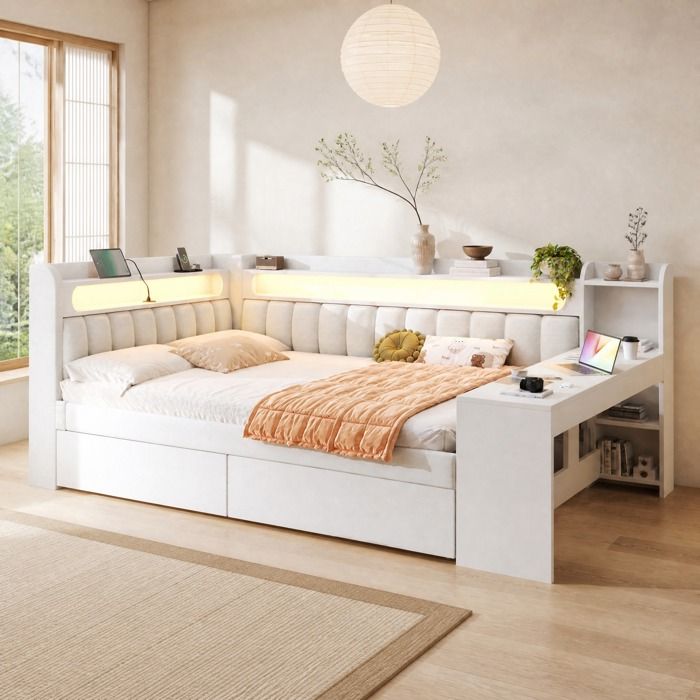 Maisentiel Lit combiné 140 x 200 cm blanc avec bureau étagères 2 tiroirs LED 7 couleurs et USB