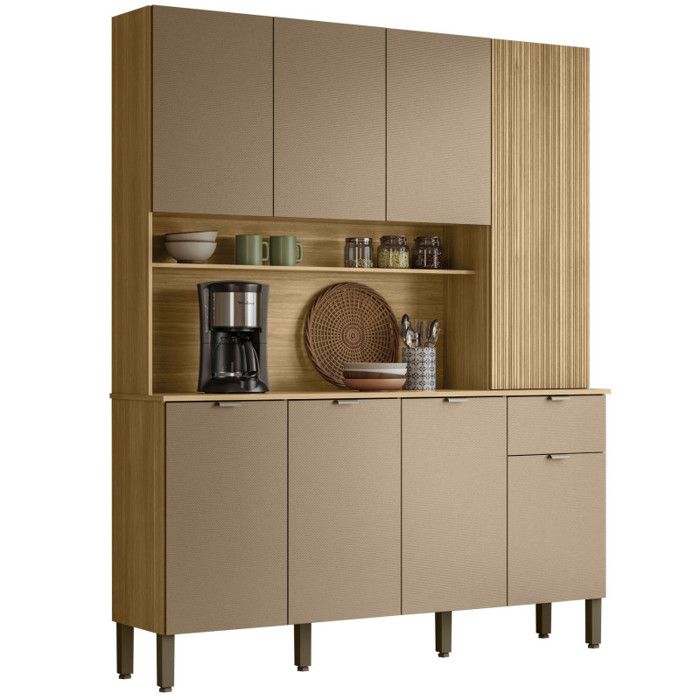 Buffet 8 Portes 1 Tiroir 18 Niches Ch&ecirc;ne Et Gris Taupe L 161 H 200 P 38.8 Cm