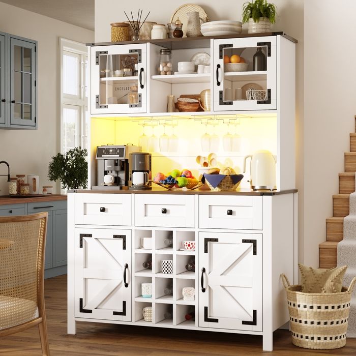 Armoire de Cuisine Blanc 170 cm avec LED et Prises 4 Portes 3 Tiroirs Buffet Haut - Style Rustique - 120x40x170 cm