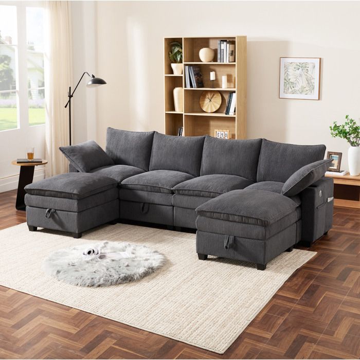 Canapé modulable dangle en L avec USB et coffres de rangement - ELVMI - en velours côtelé gris 280 × 151 × 82 cm