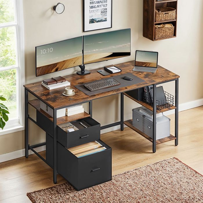 Bureau d’Ordinateur 3 Étagères 2 Tiroirs 60 x 140 x 76 cm pour Bureau Salon Style Industriel Marron et Noir