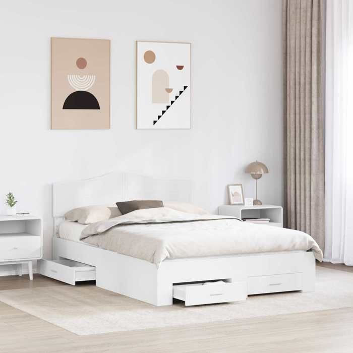 BEAU Cadre de lit(1 PCS) avec tête de lit - SARAZYJ - Meuble de chambre - 2 Personnes - avec tiroir Blanc 140 x 200cm Boi
