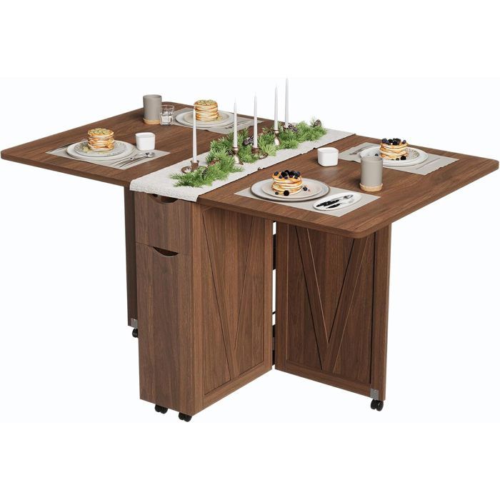 TABLE A MANGER-Table à Manger Pliante avec RangementTable à Manger Extensible à 6 RoulettesTable de Cuisine ModerneNoyer