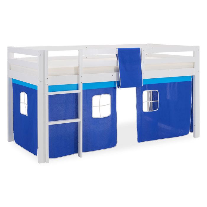 Lit mezzanine pour enfants 90 x 200 cm blanc avec rideau bleu sans sommier à lattes pour garçons Lit mezzanine pour enfants 90 x 200 cm blanc avec rideau bleu sans sommier à lattes pour garçons