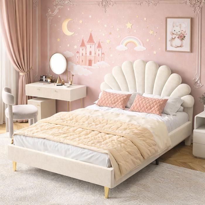 Lit double 140x200 cm lit enfant fille avec tête de lit forme de pétale lit capitonné pour ado sommier à lattes velours beige