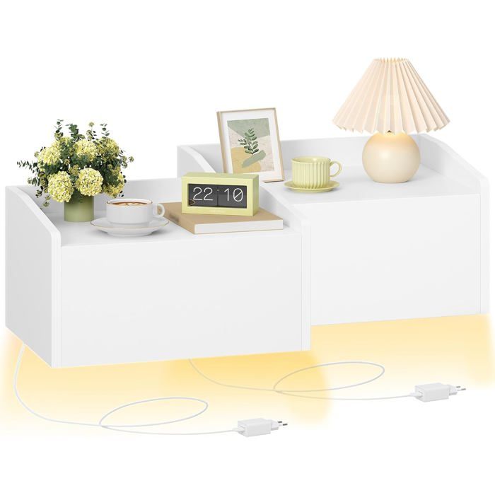 Table de Chevet Suspendue Lot de 2 Table de Nuit Murale avec Éclairage LED Étagère Murale Flottante avec 1 TiroirBlanc