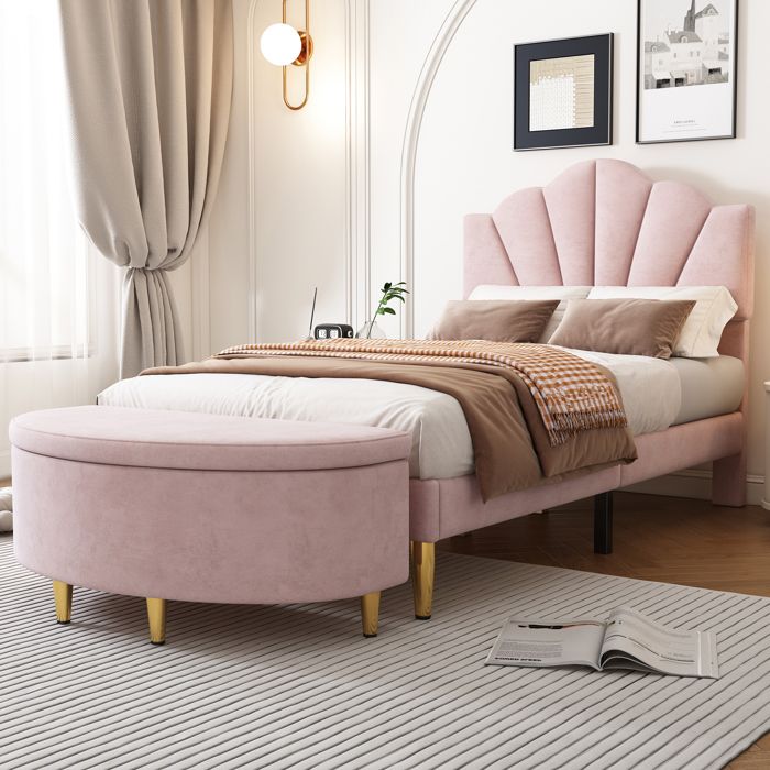 Lit capitonné enfant - 90x200 coquillage réglable - Velours rose - Pieds fer doré - Sommier lattes bois