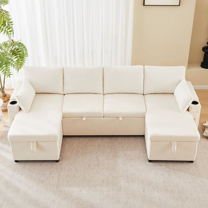 Canapé-lit en U 4 places avec porte-verres canapé dangle combinant rangement et couchage porte-verres et coussins beige