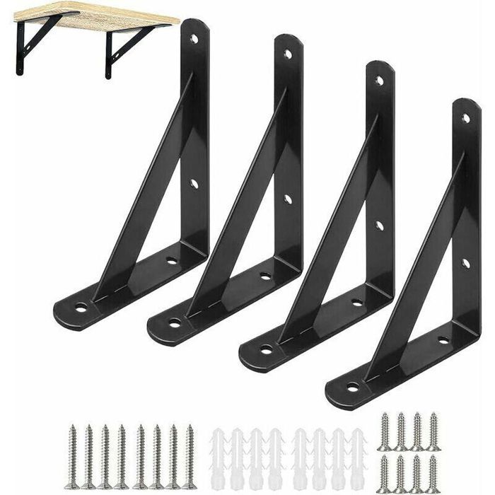 4 équerres murales triangulaires Fonepro fer noir 15 cm avec vis pour étagère cuisine chambre