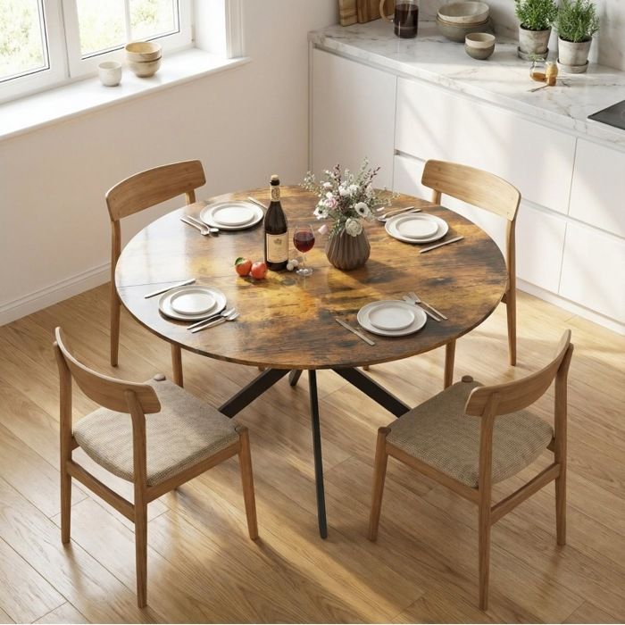 Table à manger ronde 120 cm marron rustique avec pieds en acier noir