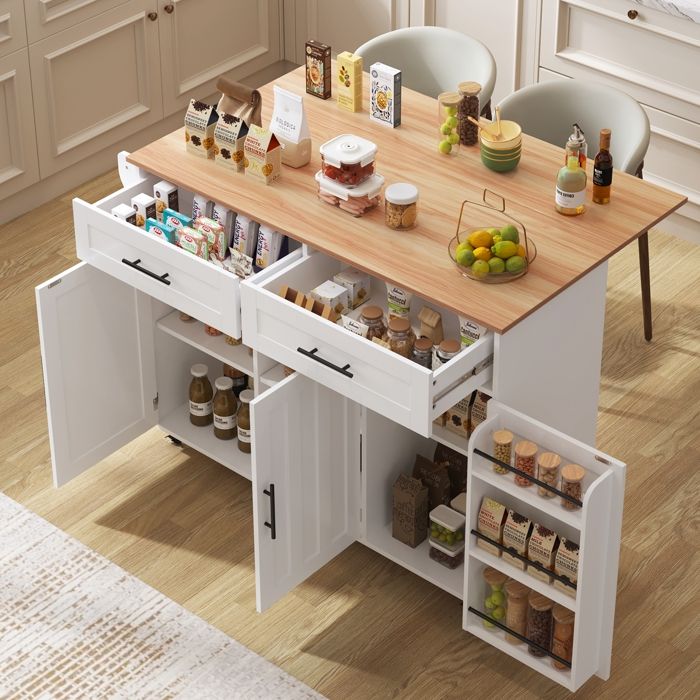 Desserte îlot de Cuisine sur roulettes - Meuble de Cuisine avec Plans de Travail Rabattable - Porte-torchons -129x71x91.5cm- Blanc
