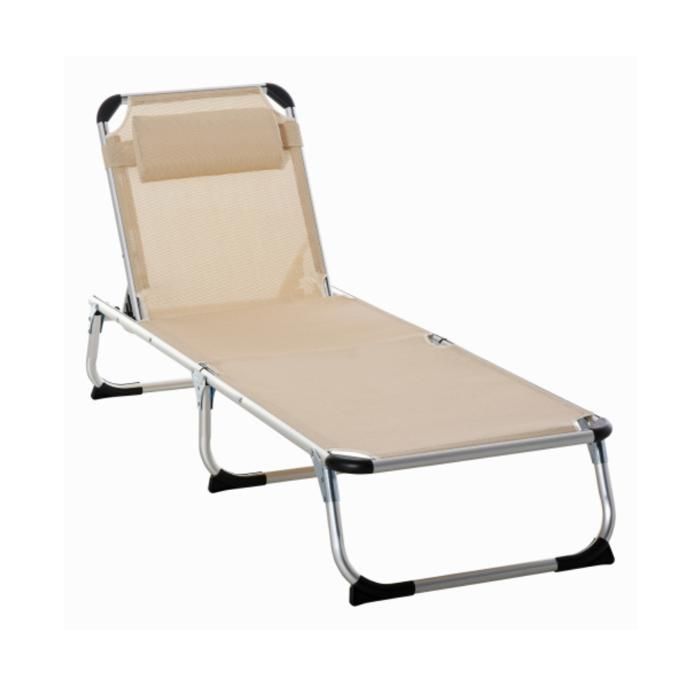 Transat de jardin en aluminium 4 positions réglables pliable et ergonomique tissu filet beige 170×60×76 cm pour jardin et terrasse