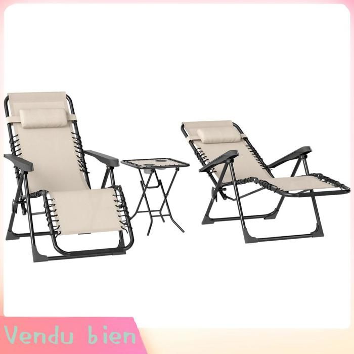 LIA Lot de 2 chaise longue pliable et inclinable avec table dappoint porte-gobelets et appuie-têtes charge 120 kg beige