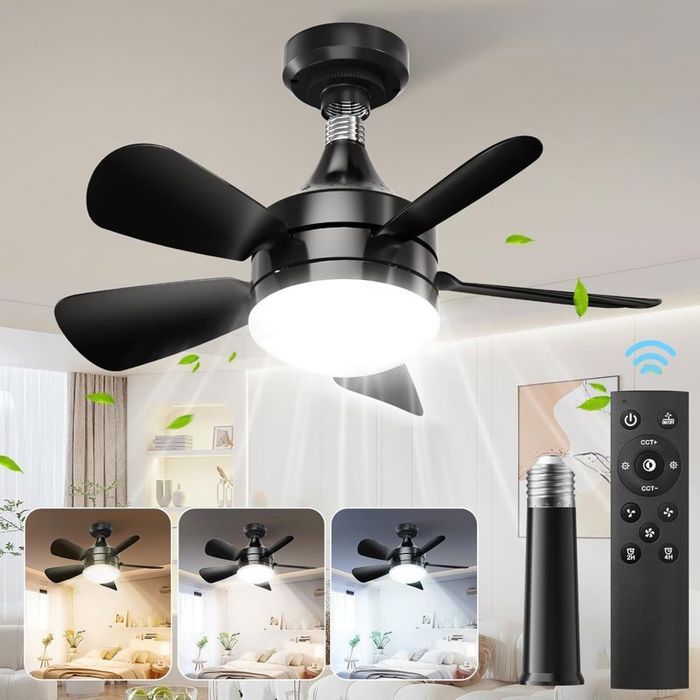 Mini ventilateur de plafond avec télécommande douille E27 température de couleur 3000-6000K 3 vitesses de ventilation noir.