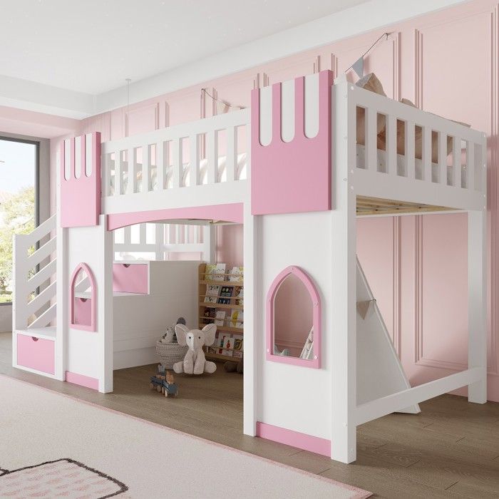 Lit Mezzanine Enfant Blanc Rose 90x200cm Escalier Rangement Spacieux Fenêtre Décorative Structure Stable Sans Matelas