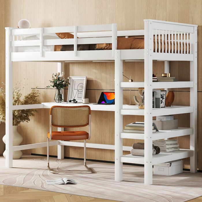 COVREO Lit mezzanine enfant 90 x 200 cm avec bureau intégré et escalier de rangement pin et MDF blanc