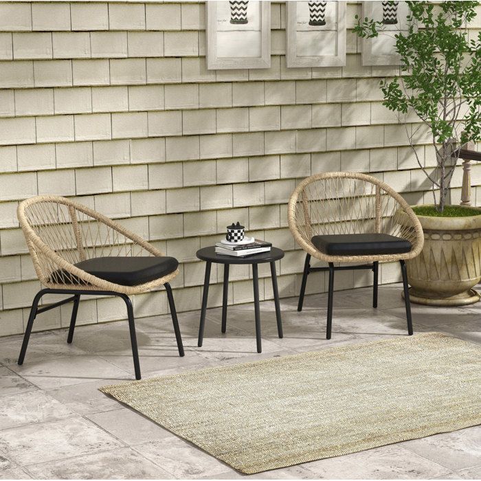 JOINERY chaise fauteuil jardin ensemble 3 pièces balcon terrasse rotin jaune avec 2 chaises table ronde coussins acier extérieur