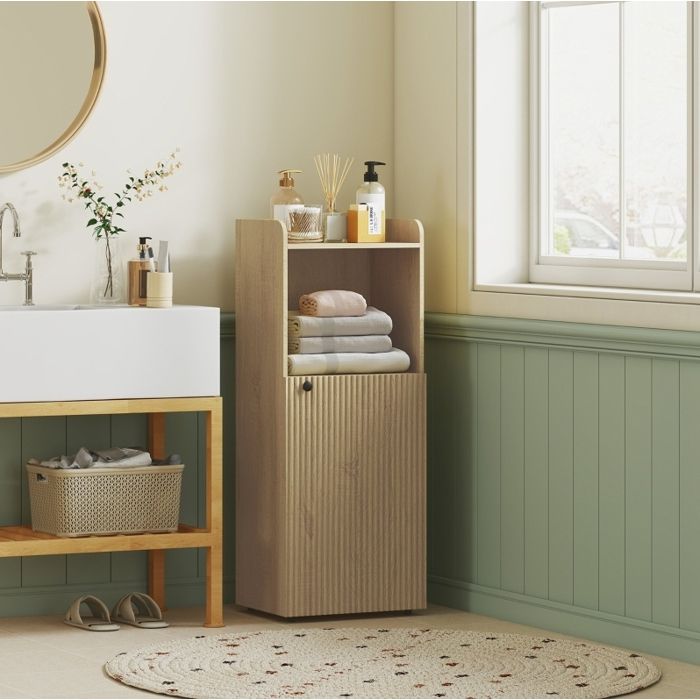 Armoire de salle de bain colonne avec porte niche ouverte et étagère réglable aspect chêne clair 40 x 31 x 104 cm ORVRYN