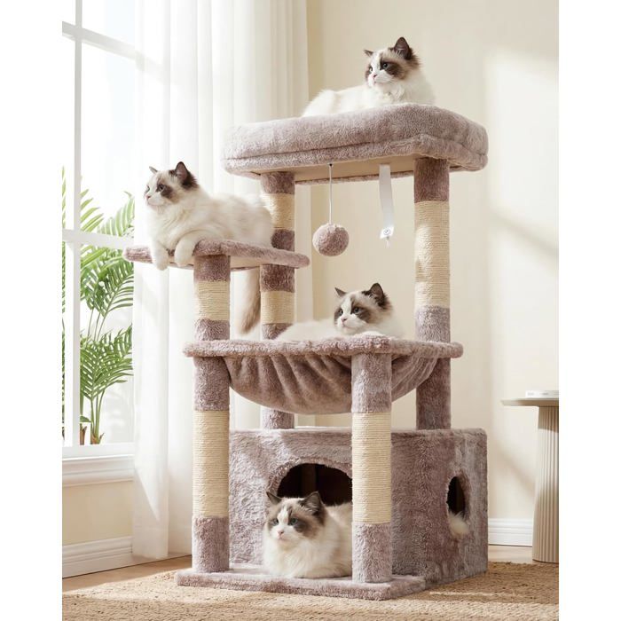Arbre à Chat Grand Bois à Griffer Sisal Marron Beige Multi-Niveaux Couchette Cachée Balle Peluche Meuble Chat Anti-Rayure