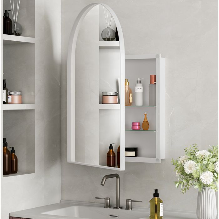 Armoire à pharmacie miroir arqué murale ou encastrable avec étagères réglables - YEAVIO - Blanc salle de bain 91×61×12 cm