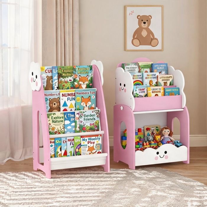 Meuble de rangement pour enfants en MDF warm pink avec design 3-en-1 4 étagères ouvertes et bibliothèque intégrée thème barbe à