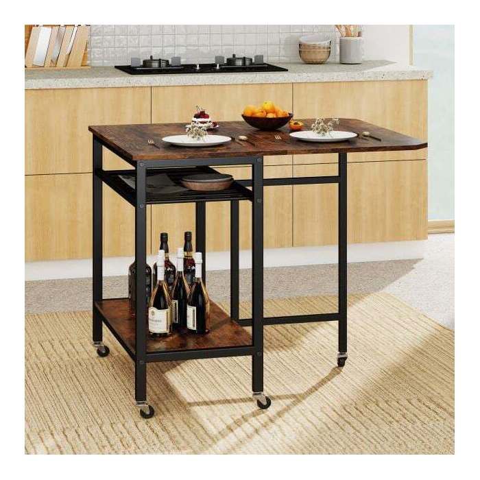 Table pliante 80x75 cm avec roulettes rangement & porte-bouteilles cadre acier robuste gain de place brun