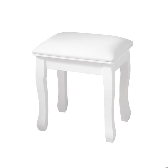Tabouret de coiffeuse – blanc – assise rembourrée en PU – pieds galbés en bois massif