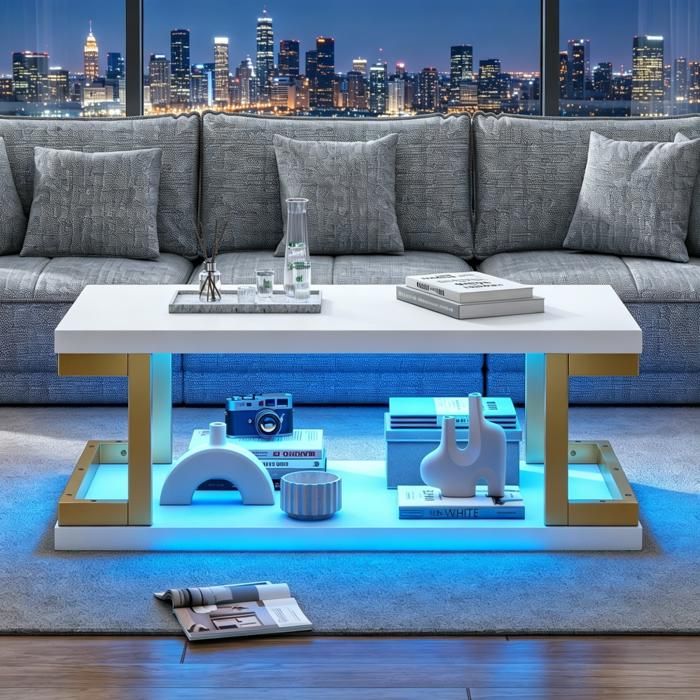 Table basse rectangulaire blanche dorée LED MDF métal table salon console appoint charge 50kg 100x50x37 5cm salon bureau salle Table basse rectangulaire blanche dorée LED MDF métal table salon console appoint charge 50kg 100x50x37 5cm salon bureau salle