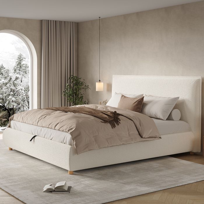 Lit Coffre 180 x 200 cm en Bouclé Blanc Lit Rembourré avec Sommier Relevable et Pieds en Bois Massif