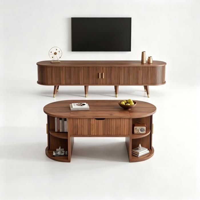 Ensemble salon 2 pièces –Table Basse et Meuble TV –Portes coulissantes –Canne lé –Bois –Pieds dorés –Rangement –Mid-Century
