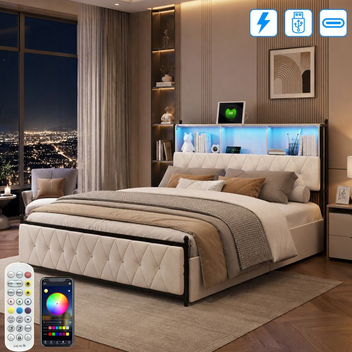Lit Adulte 180x200 avec 4 Tiroirs - Lit Coffre Double avec LED RGB et USB Tpye C - Rangement de Chevet - Sommier à Lattes - Velours