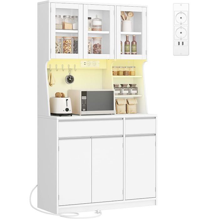 Armoires Cuisine Buffet Haut Vaisselier avec Prises Électriques  avec Plans de Travail et Deux Tiroirs40 x 100 x 180 cm Blanc