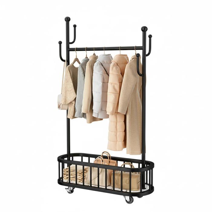 Portant à vêtements robuste en métal sur roulettes verrouillables – Paniers étagère et crochets – Penderie mobile – 80cm large noir